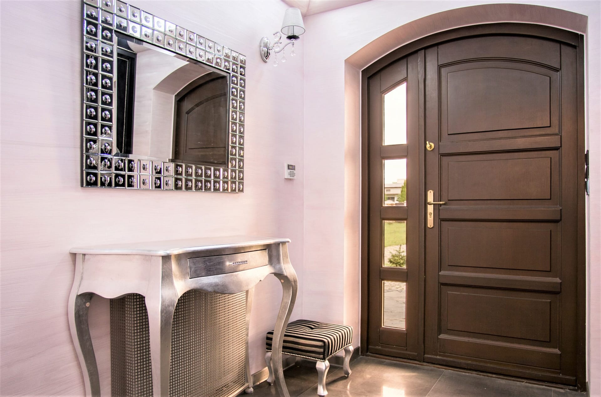 wood entry door and fixed sidelite finished in the factory Dark mahogany door with 2 raised panel