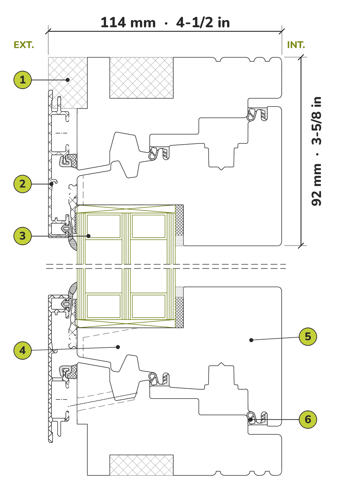 Coupe verticale de la fenêtre passive bois-aluminium certifiée PHI : ouvrant caché, triple vitrage 48 mm, dormant de 114 mm de profondeur