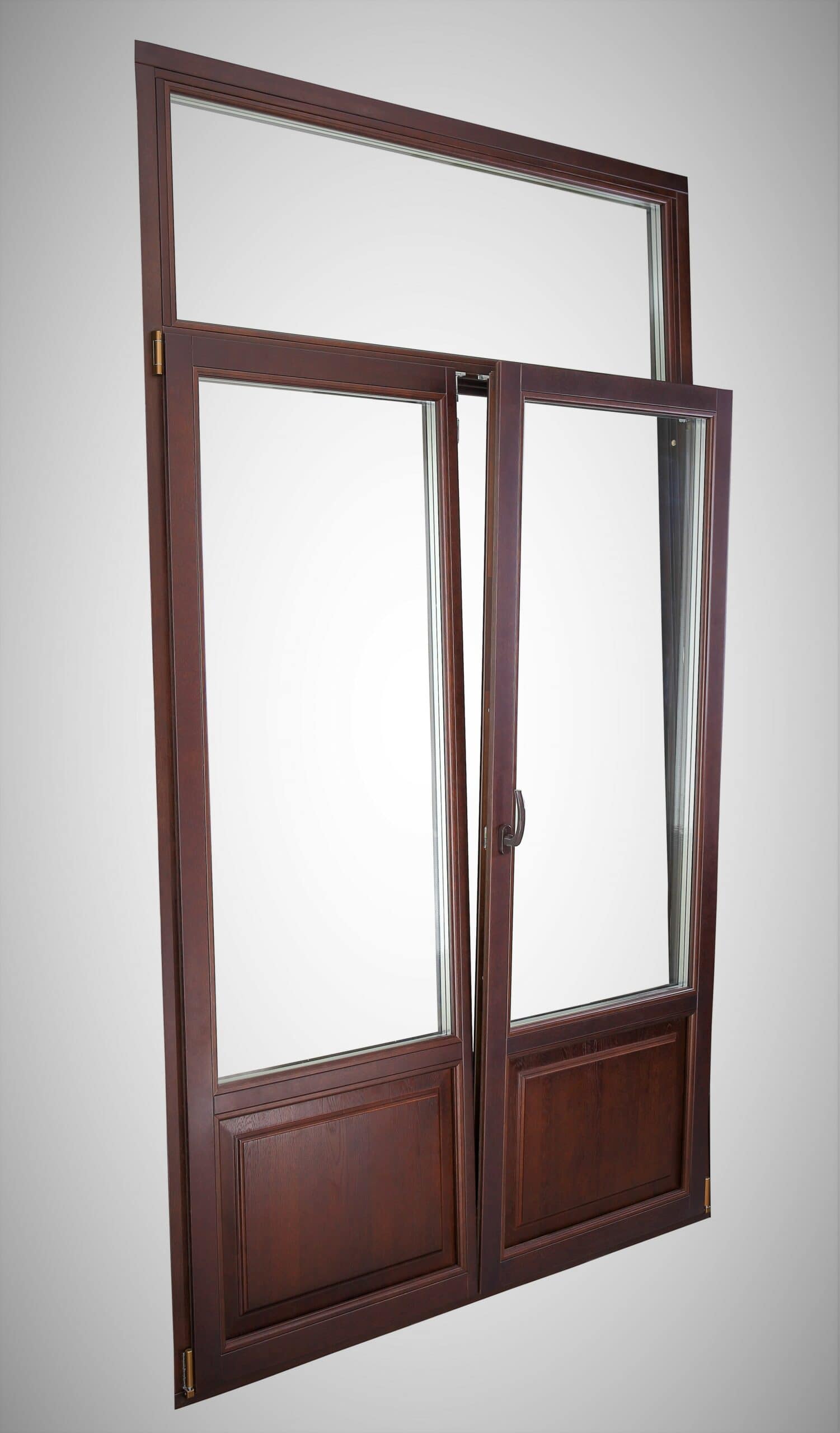 Tilt and turn wood window shown in tilt position for ventilation double door