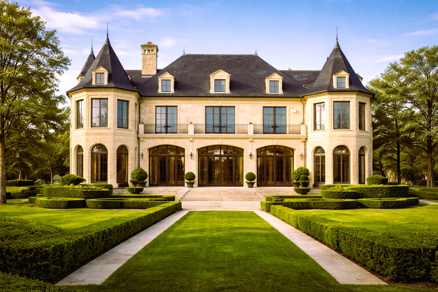 French country home with custom wood French windows