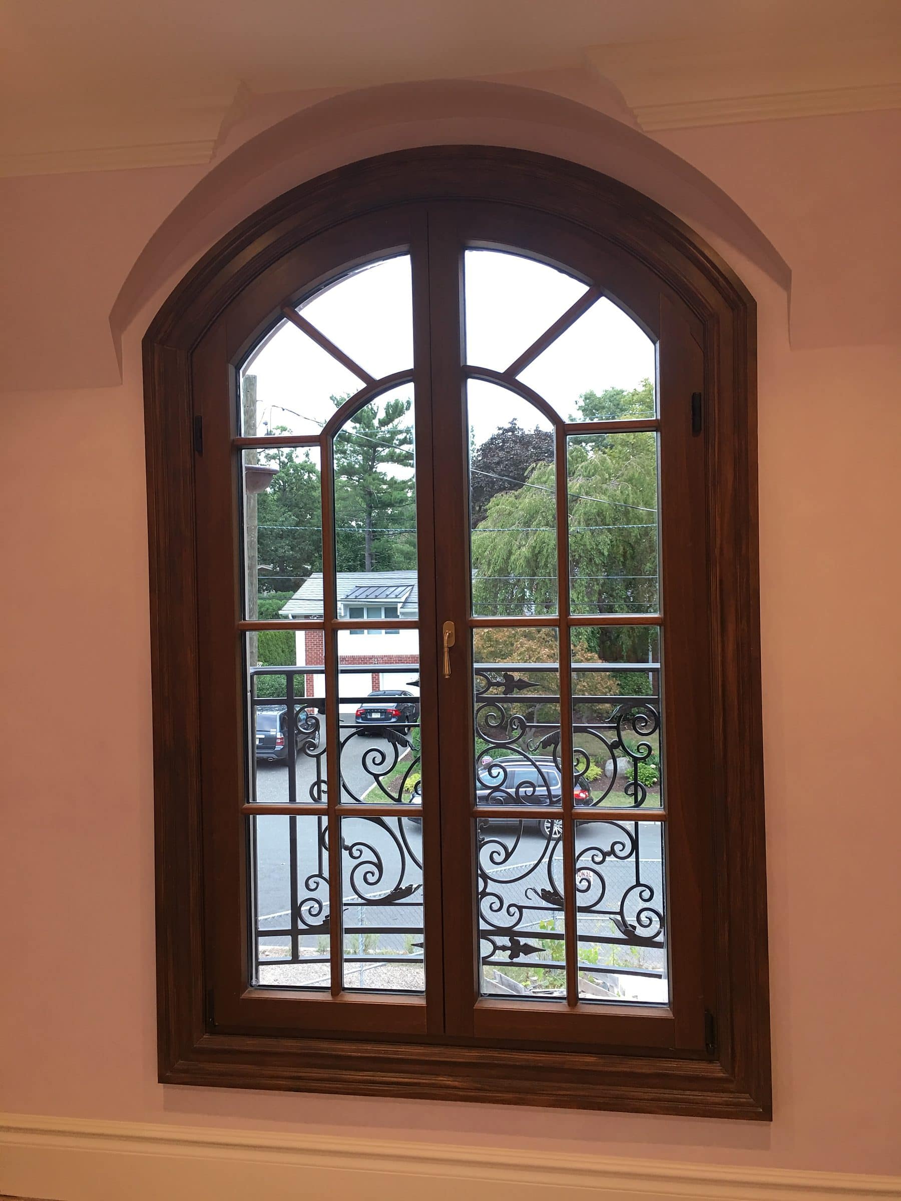 Arched French casement window with radial muntins and divided lites, with a wrought iron Juliet balcony