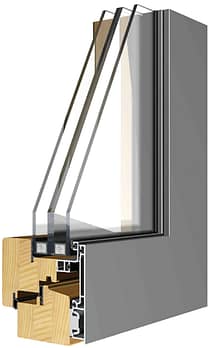 Échantillon d’angle d’une fenêtre en bois massif capotée aluminium avec triple vitrage
