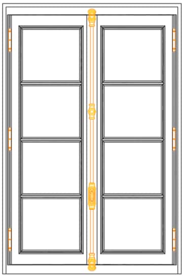 Fenêtre à la française affleurante de style ancien avec vraie crémone, vue de l’intérieur (dessin)