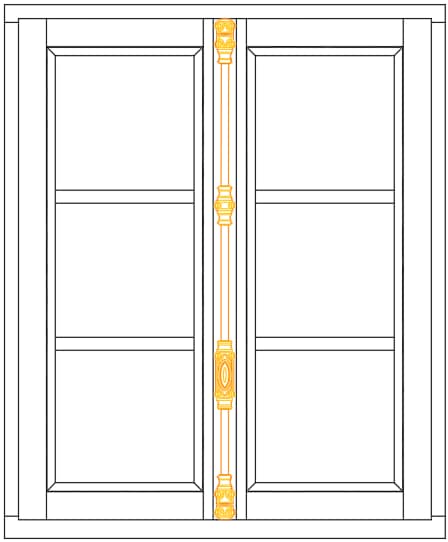 Fenêtre à la française européenne moderne à recouvrement avec crémone décorative centrée, vue de l’intérieur (dessin)
