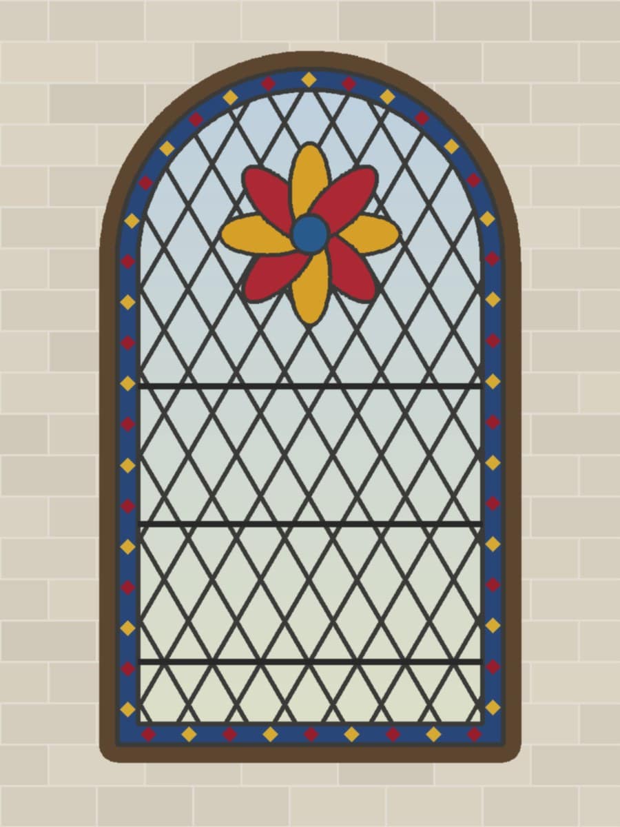 Illustration d’un vitrail cintré au plomb avec bordure colorée et rosace, restauré et intégré dans un vitrage isolant