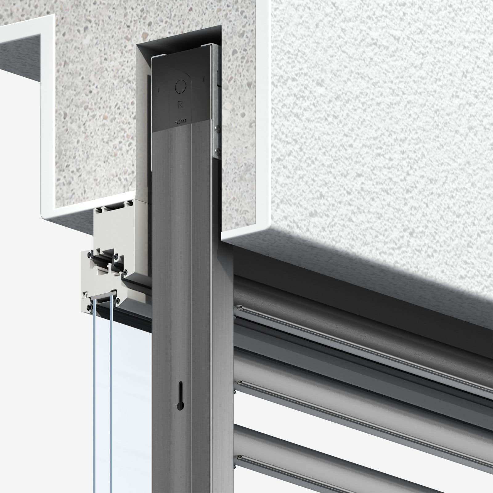 Coupe d’un brise-soleil orientable : coffre, coulisse et lames aluminium orientables